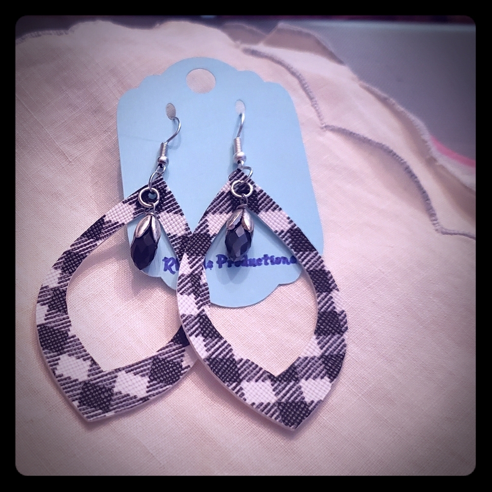 Faux Leather Black Plaid Teardrop Earrings